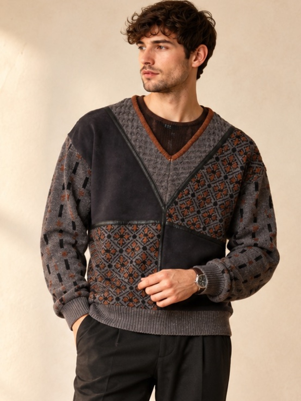 Torras Vintage Patchwork Leather Wool Sweater V-Neck Graphic Knit Sz L